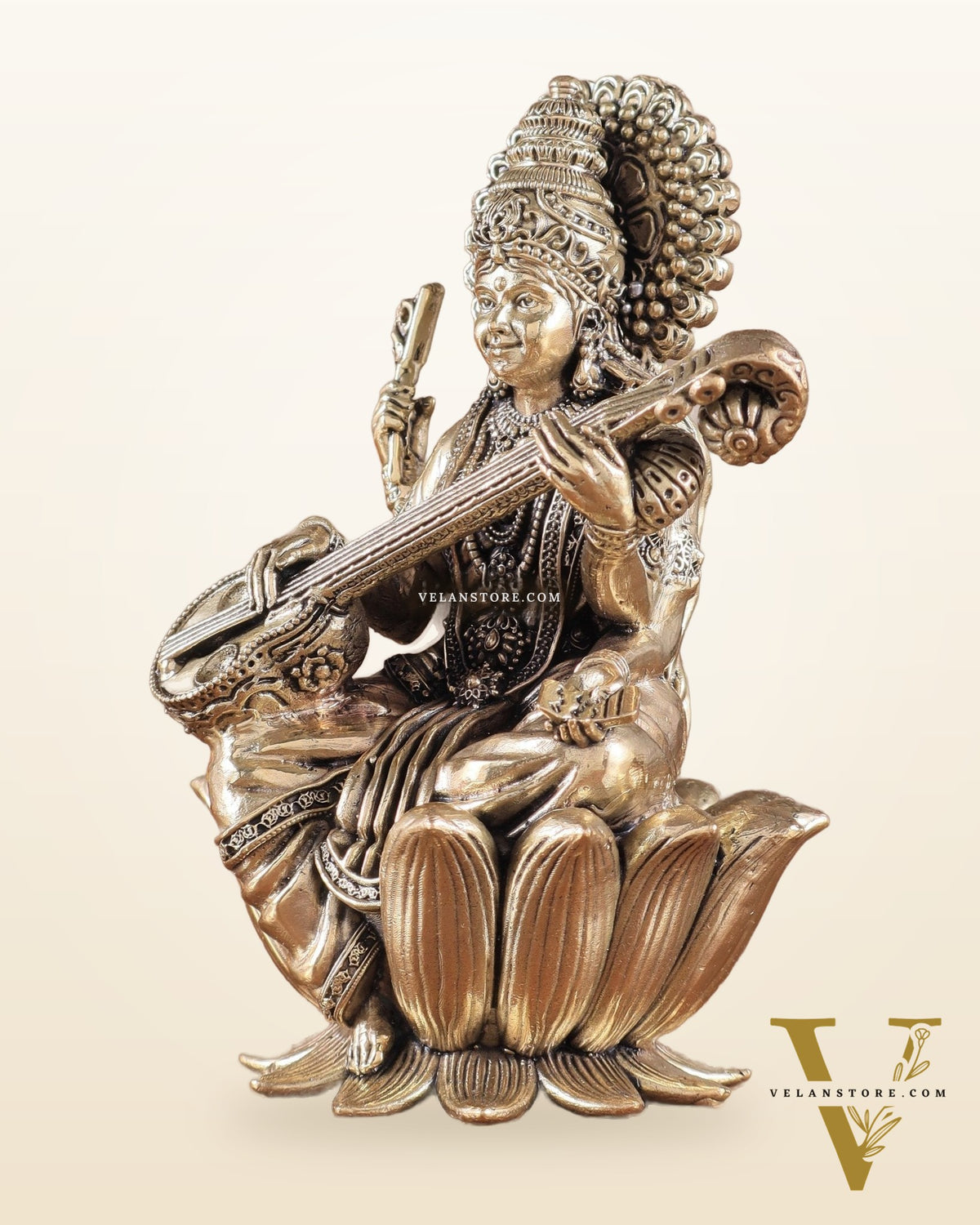 Superfine Brass Saraswati Idol - 6" Tall, Intricate Detailing
