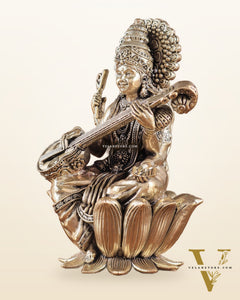 Superfine Brass Saraswati Idol - 6" Tall, Intricate Detailing
