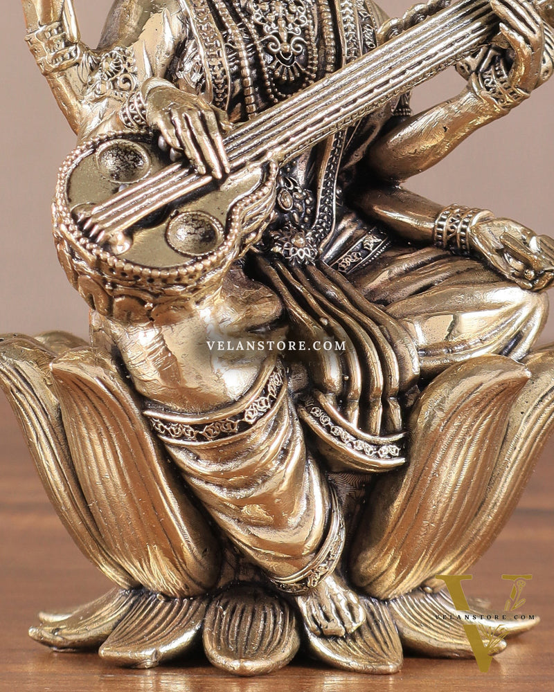 Superfine Brass Saraswati Idol - 6" Tall, Intricate Detailing