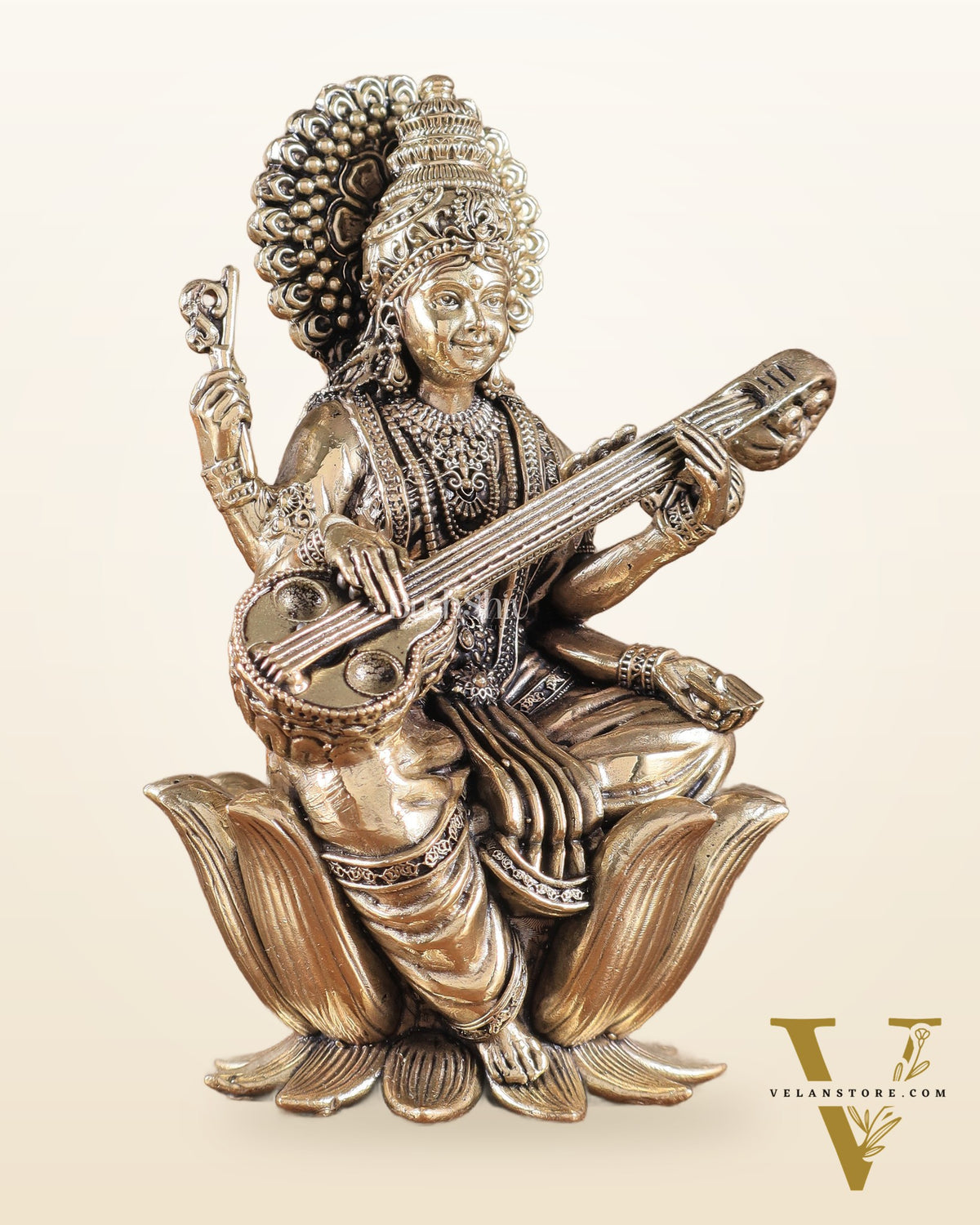 Superfine Brass Saraswati Idol - 6" Tall, Intricate Detailing