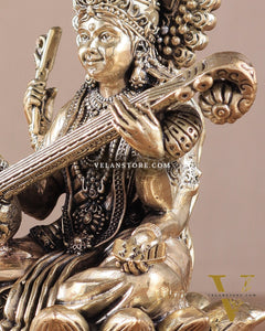 Superfine Brass Saraswati Idol - 6" Tall, Intricate Detailing