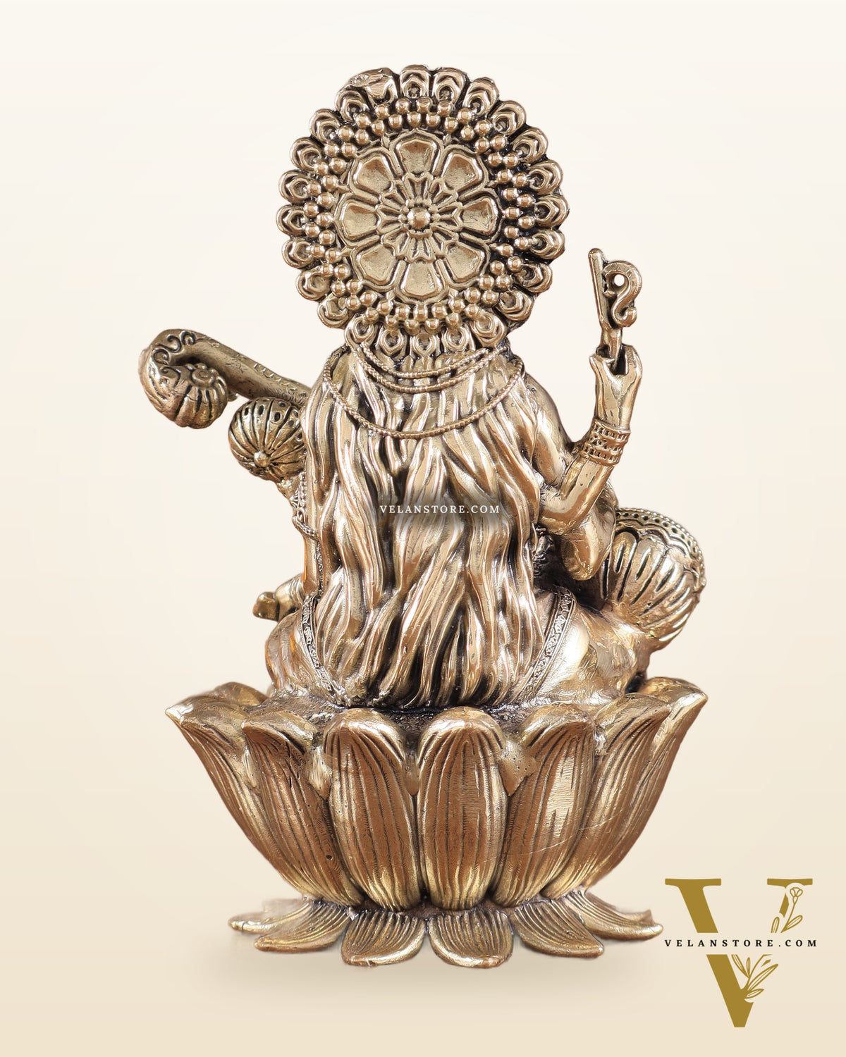 Superfine Brass Saraswati Idol - 6" Tall, Intricate Detailing