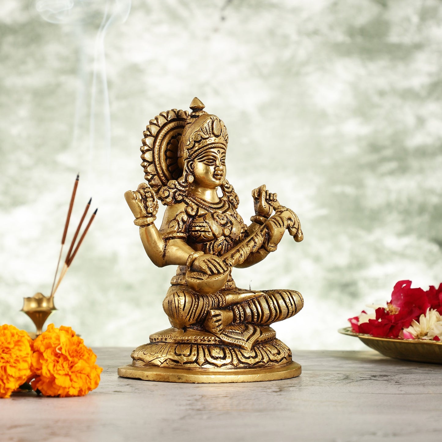 Superfine Brass Saraswati Idol - 7.5 Inch