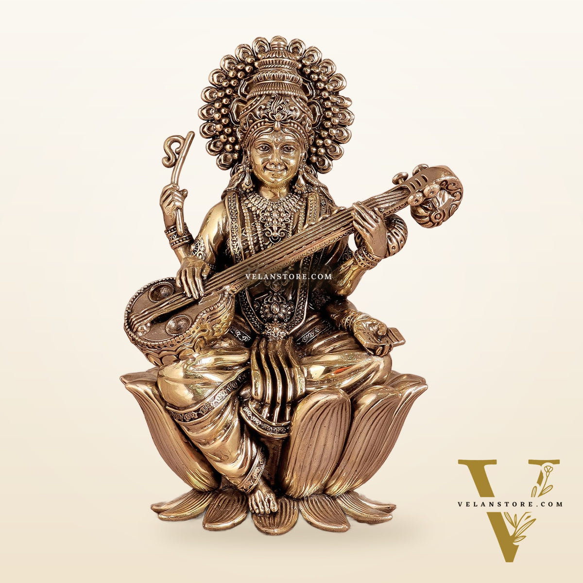 Superfine Brass Saraswati Idol - 8" Tall, Intricate Detailing