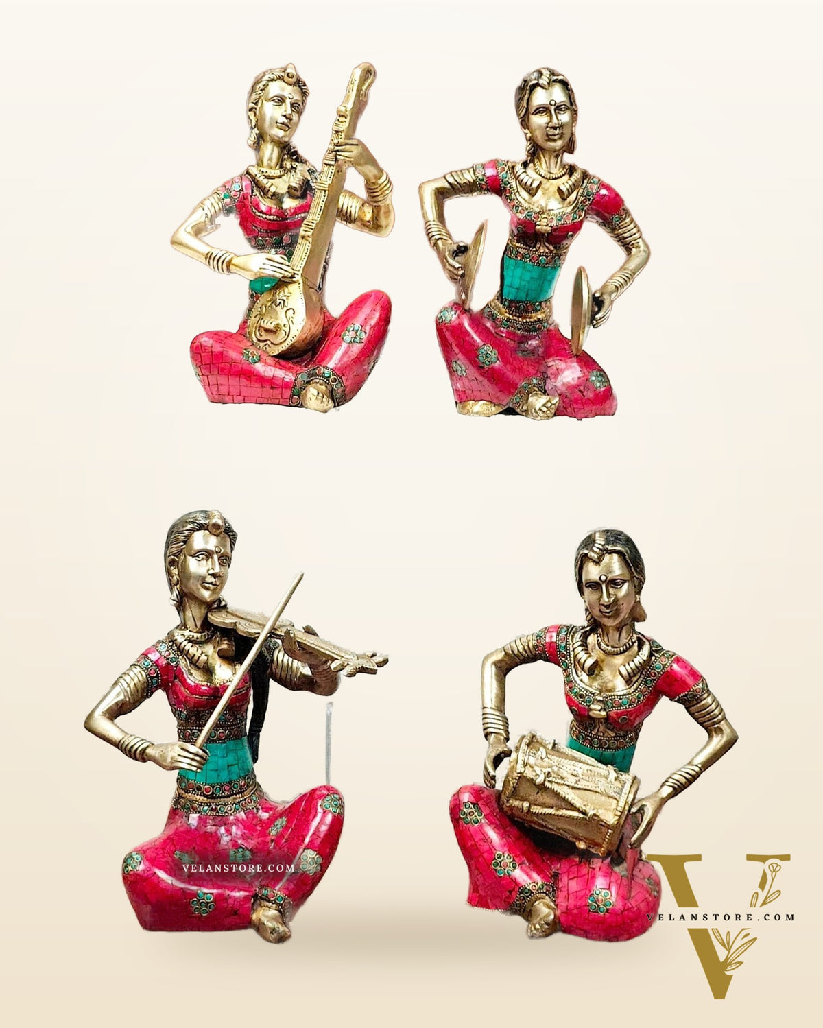 Superfine Brass Set of 4 Tribal Lady Musicians - 11 Inch