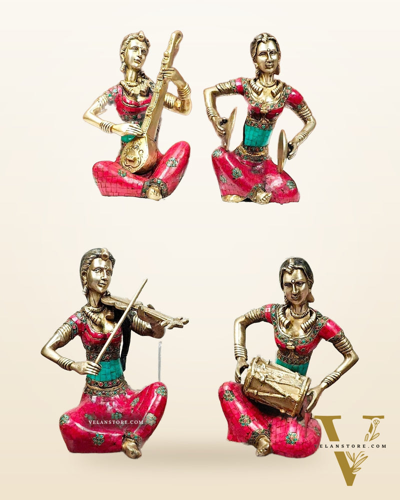 Superfine Brass Set of 4 Tribal Lady Musicians - 11 Inch