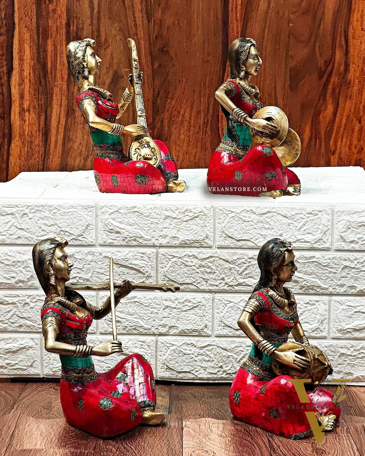 Superfine Brass Set of 4 Tribal Lady Musicians - 11 Inch