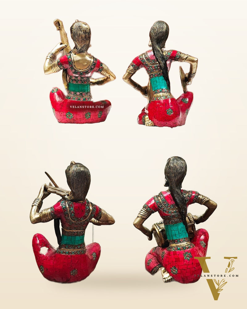 Superfine Brass Set of 4 Tribal Lady Musicians - 11 Inch