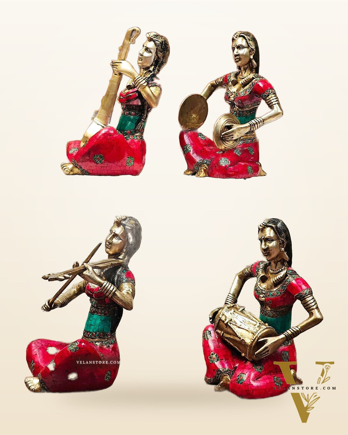 Superfine Brass Set of 4 Tribal Lady Musicians - 11 Inch