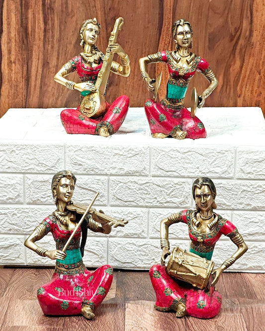 Superfine Brass Set of 4 Tribal Lady Musicians - 11 Inch