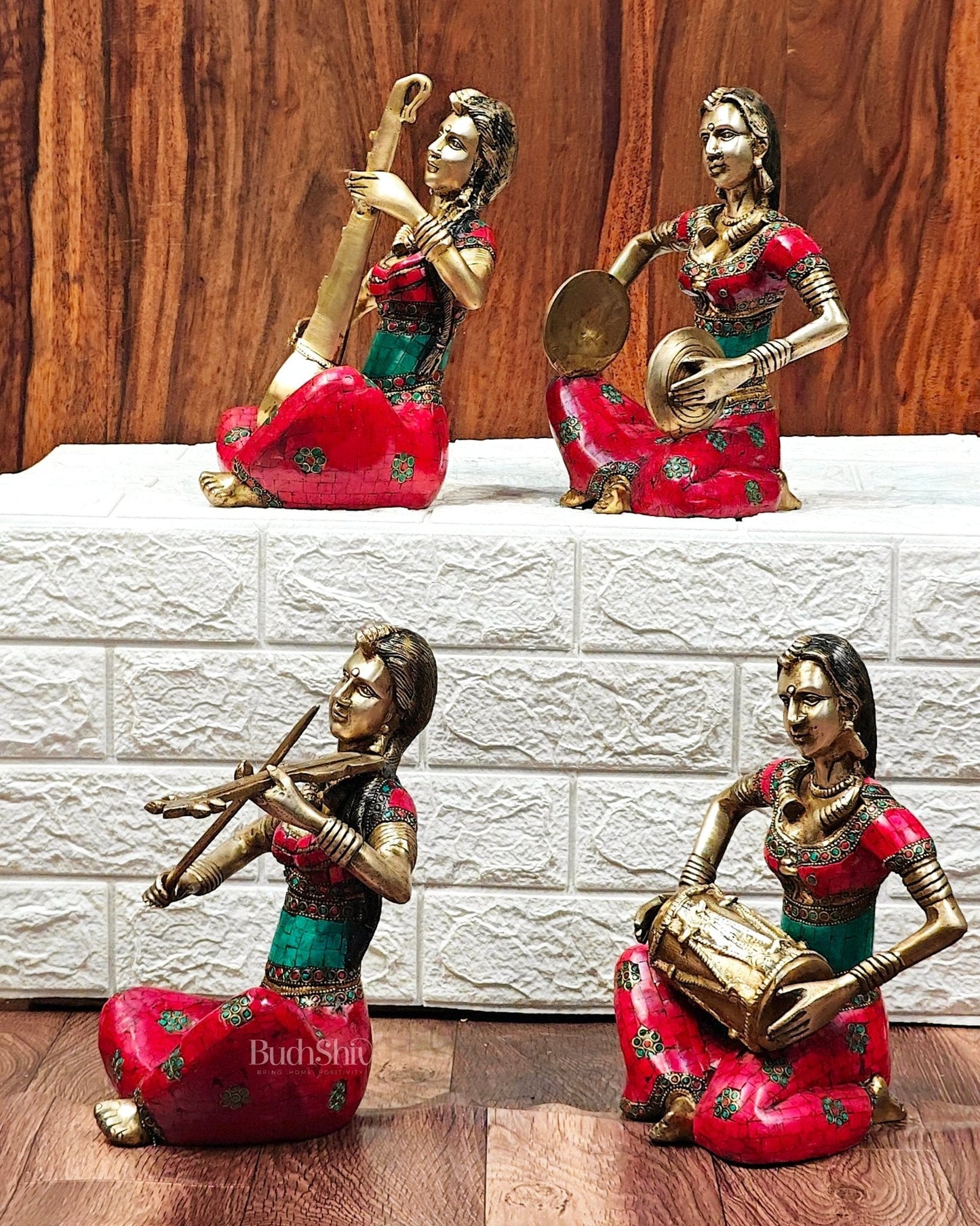 Superfine Brass Set of 4 Tribal Lady Musicians - 11 Inch