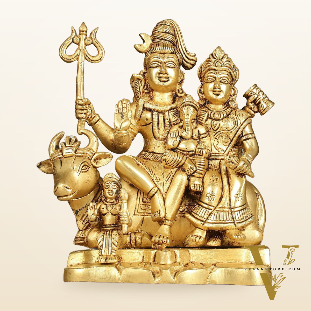 Superfine Brass Shiva Parivar Family Seated on Nandi - 8 inch