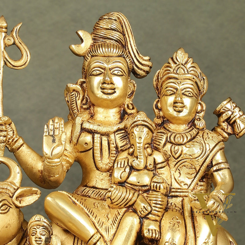 Superfine Brass Shiva Parivar Family Seated on Nandi - 8 inch