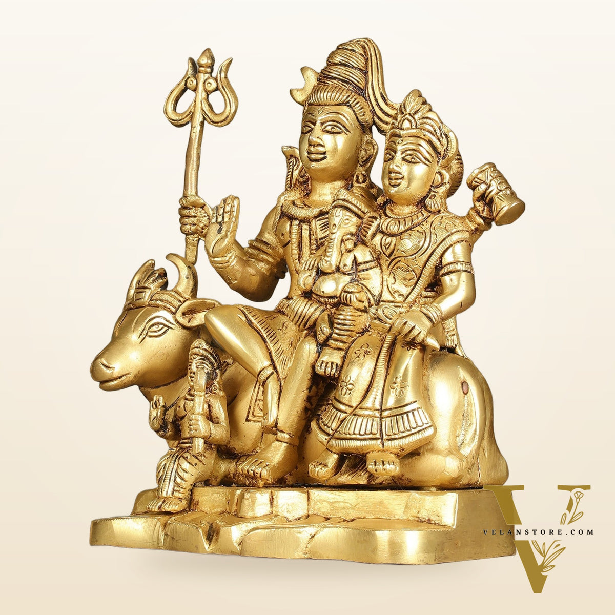 Superfine Brass Shiva Parivar Family Seated on Nandi - 8 inch