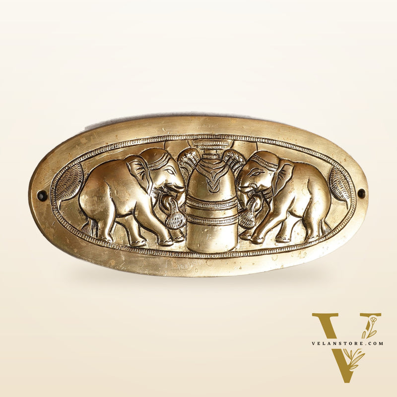 Superfine Brass Shivling with Two Elephants Wall Hanging - 10 -inch