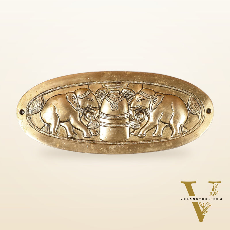 Superfine Brass Shivling with Two Elephants Wall Hanging - 10 -inch