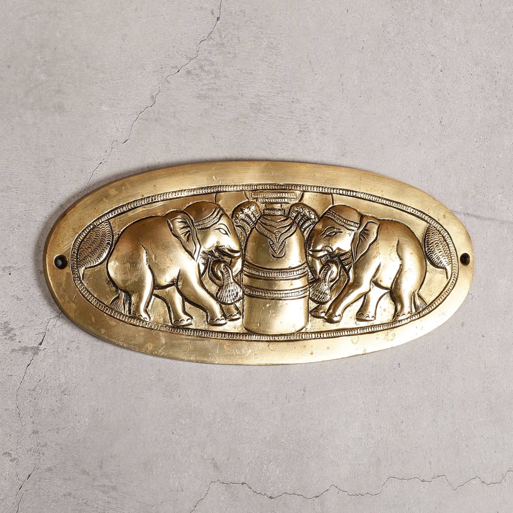 Superfine Brass Shivling with Two Elephants Wall Hanging - 10 -inch