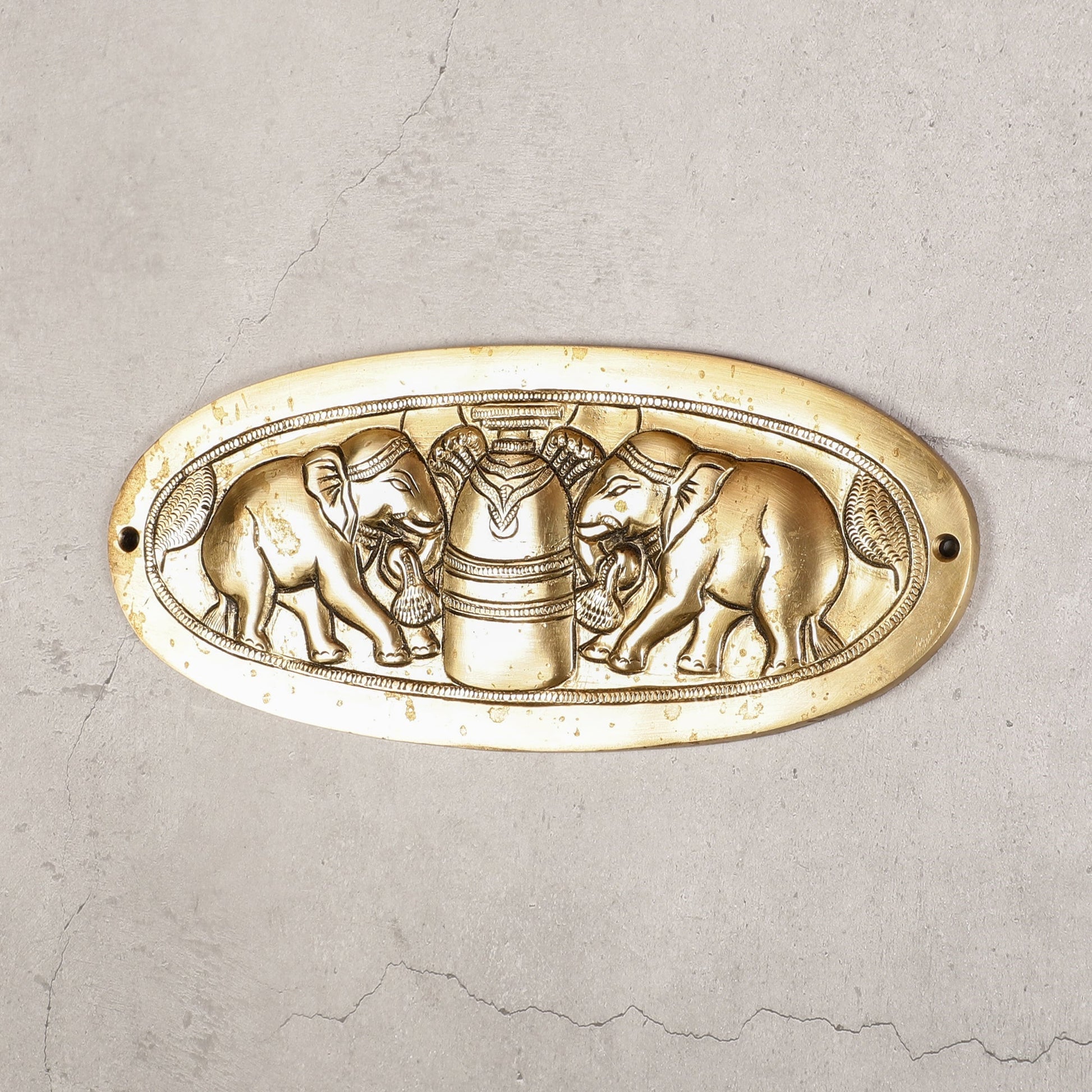Superfine Brass Shivling with Two Elephants Wall Hanging - 10 -inch