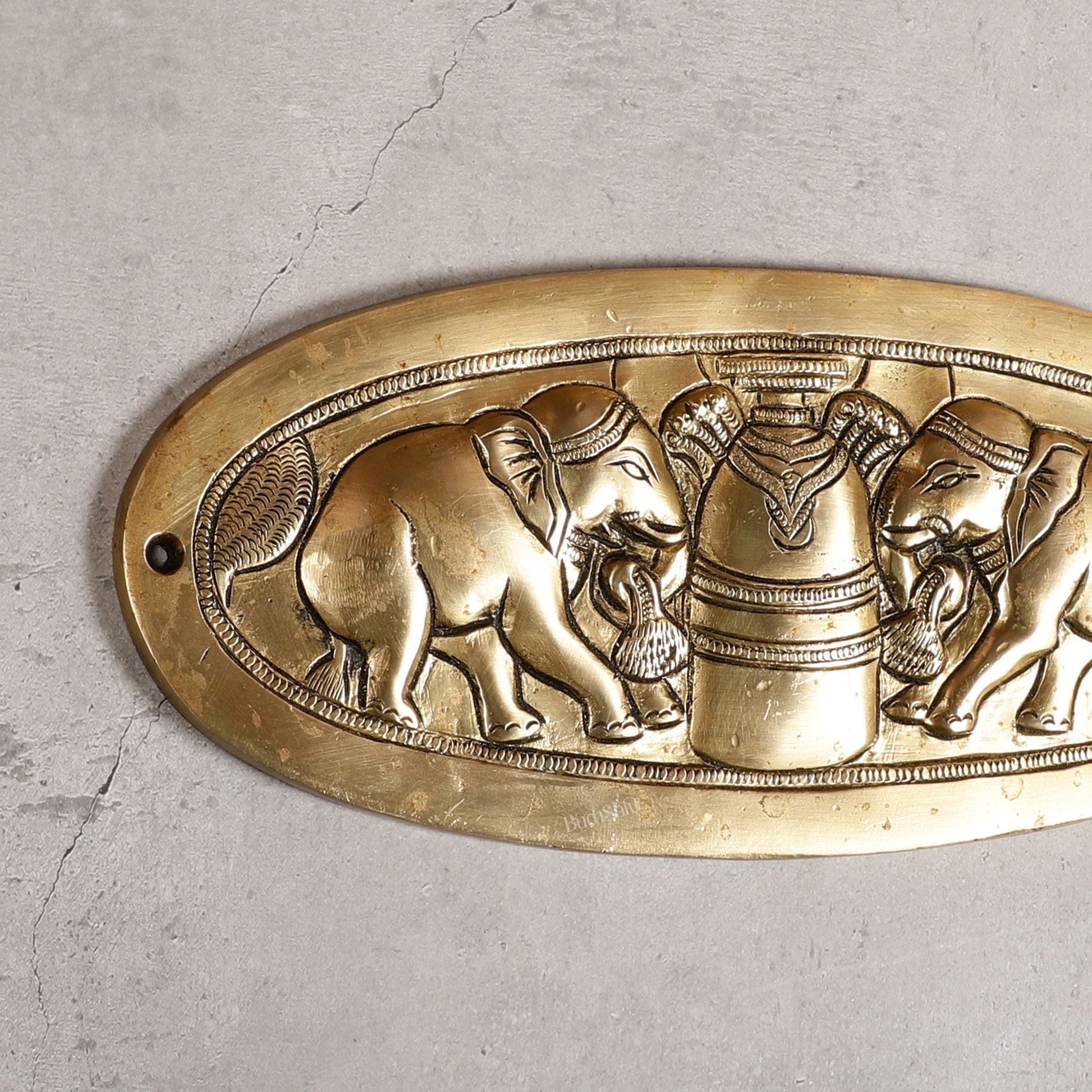 Superfine Brass Shivling with Two Elephants Wall Hanging - 10 -inch