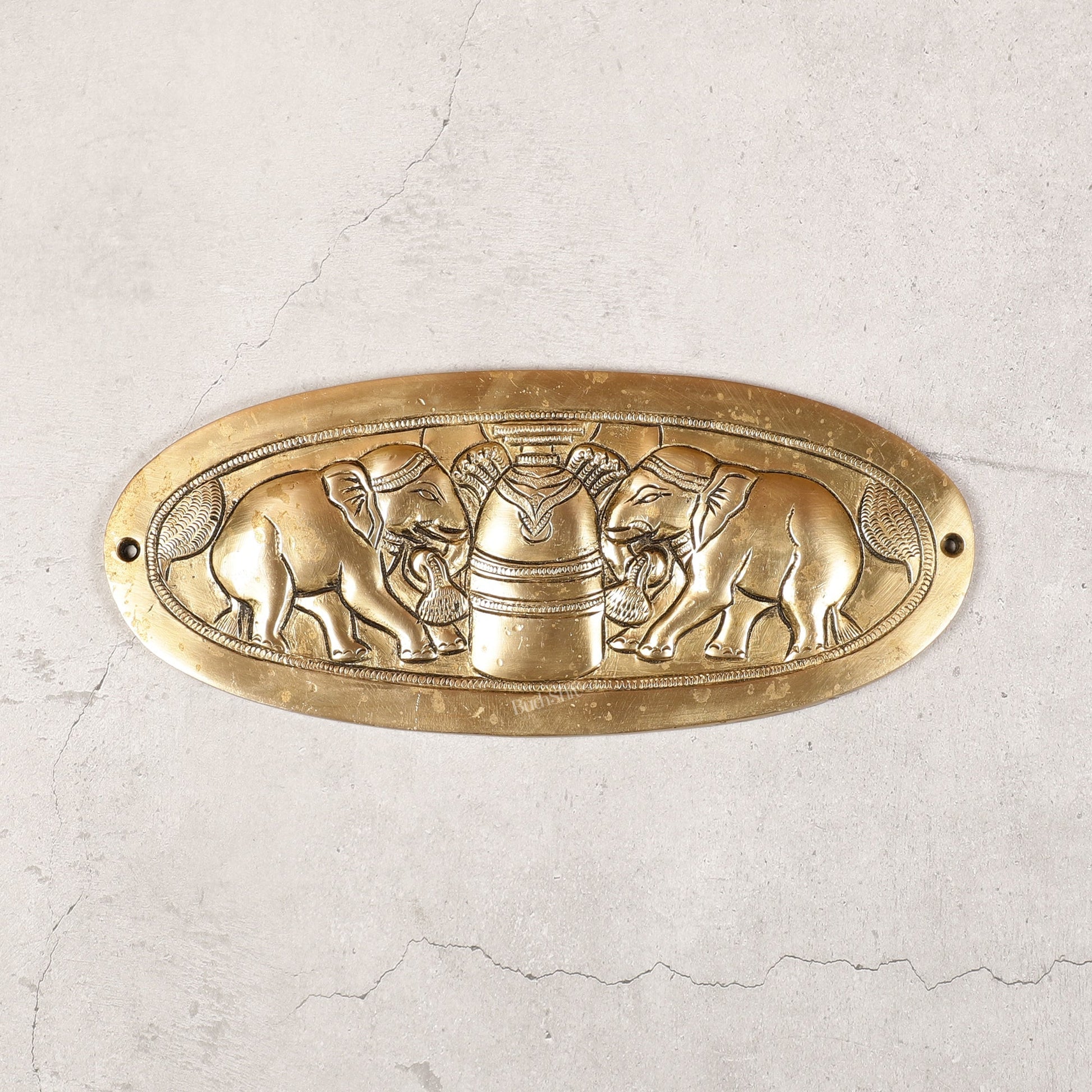 Superfine Brass Shivling with Two Elephants Wall Hanging - 10 -inch