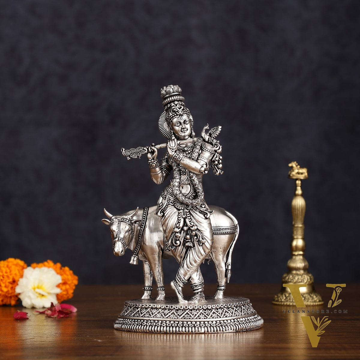 Superfine brass Silver plated Intricate Krishna with Cow Statue - 7"