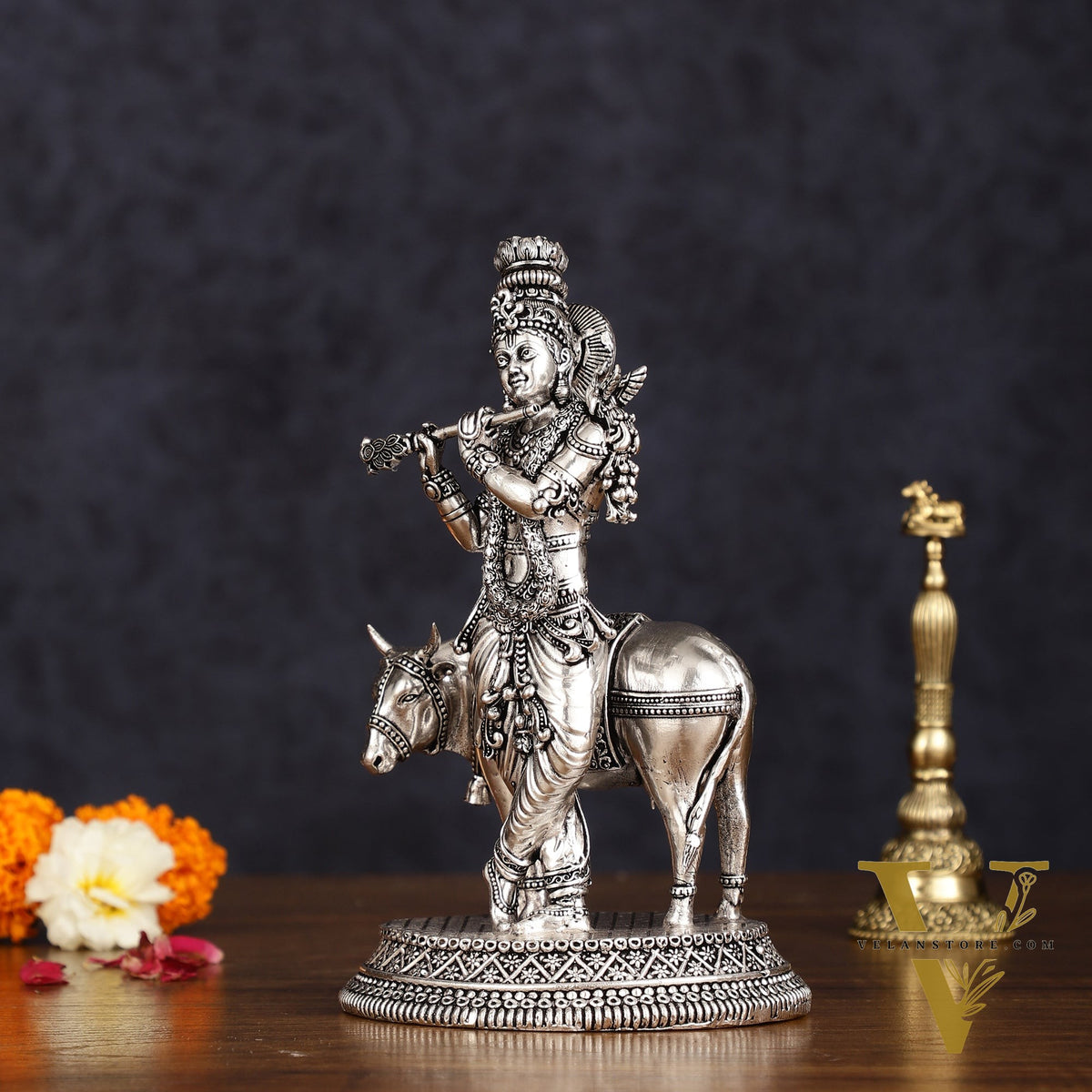Superfine brass Silver plated Intricate Krishna with Cow Statue - 7"