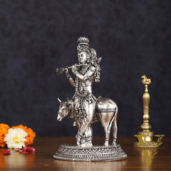 Superfine brass Silver plated Intricate Krishna with Cow Statue - 7"