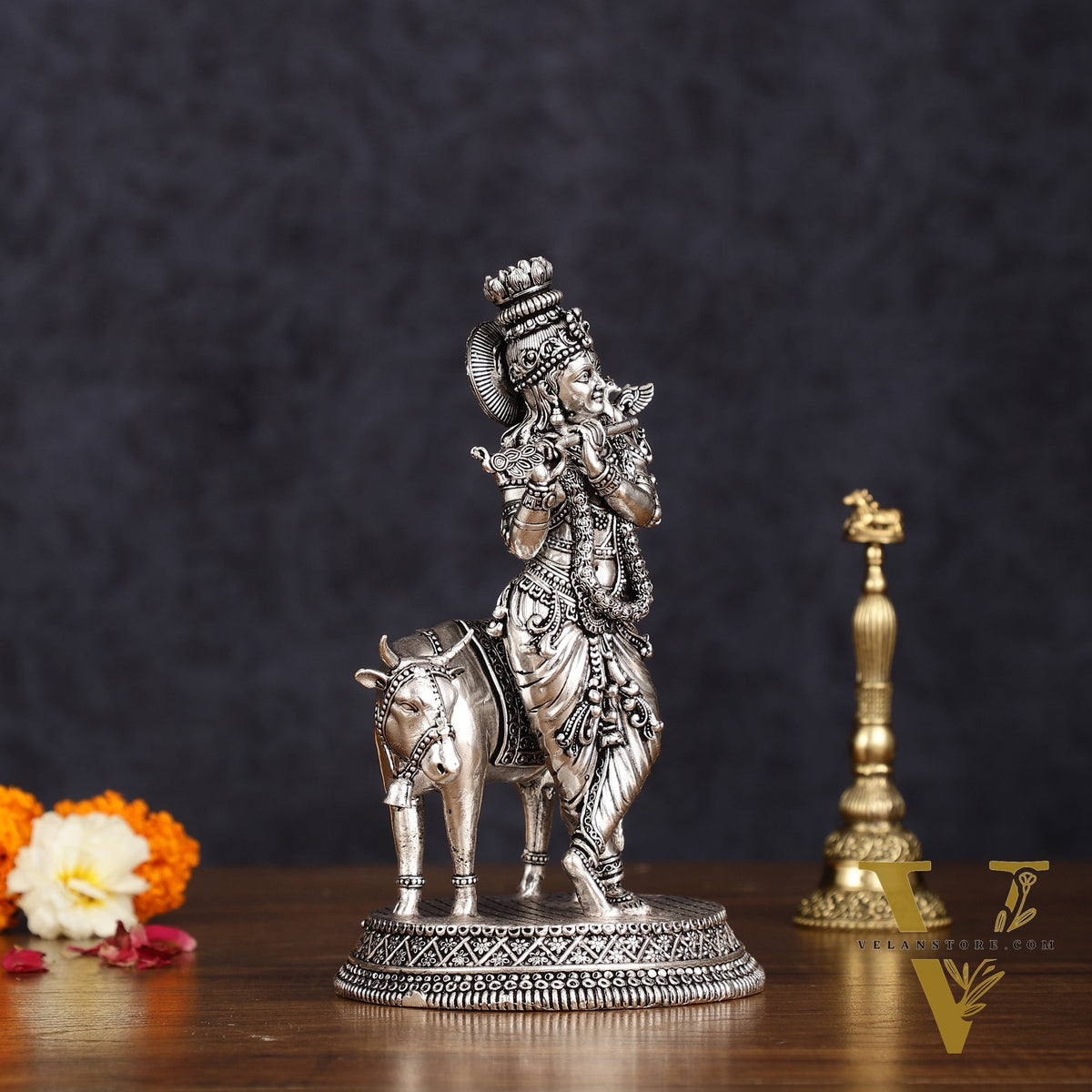 Superfine brass Silver plated Intricate Krishna with Cow Statue - 7"
