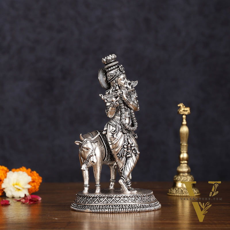 Superfine brass Silver plated Intricate Krishna with Cow Statue - 7"