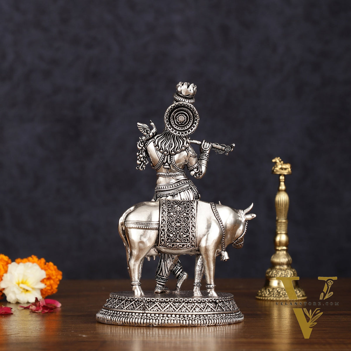 Superfine brass Silver plated Intricate Krishna with Cow Statue - 7"