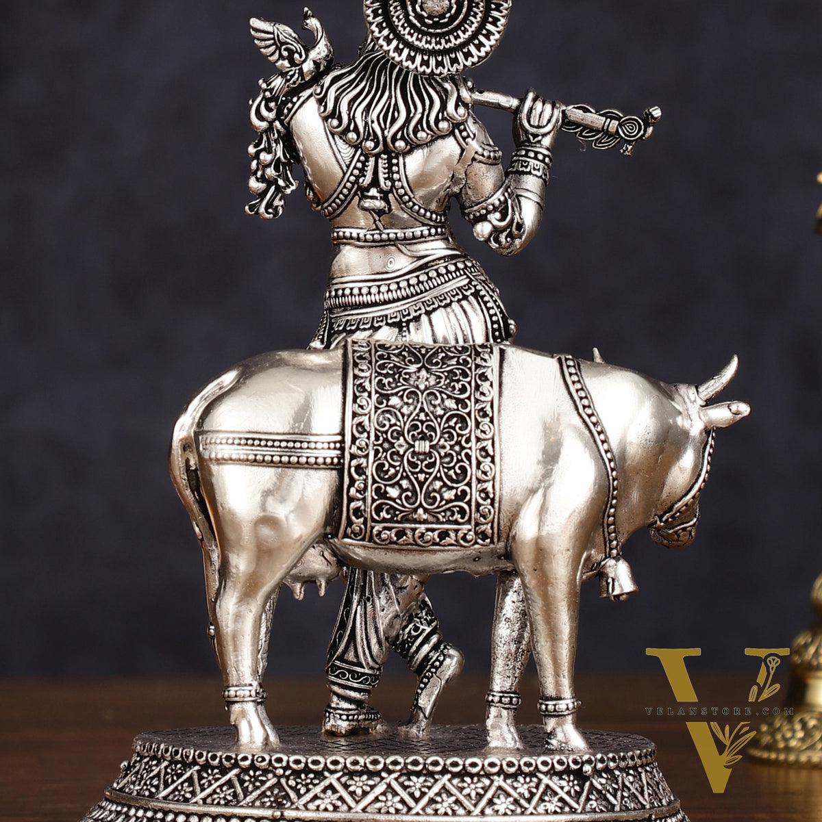 Superfine brass Silver plated Intricate Krishna with Cow Statue - 7"