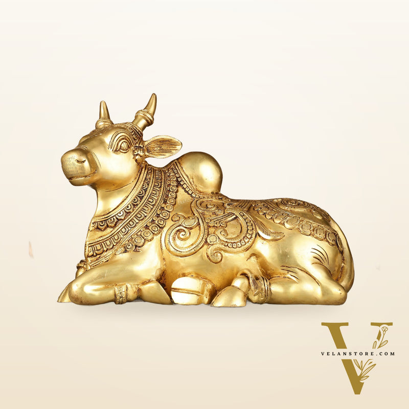 Superfine Brass Sitting Nandi Statue - 13" | Right Leg Raised