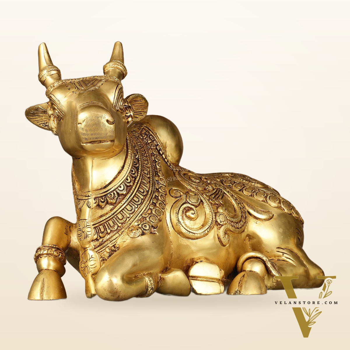 Superfine Brass Sitting Nandi Statue - 13" | Right Leg Raised