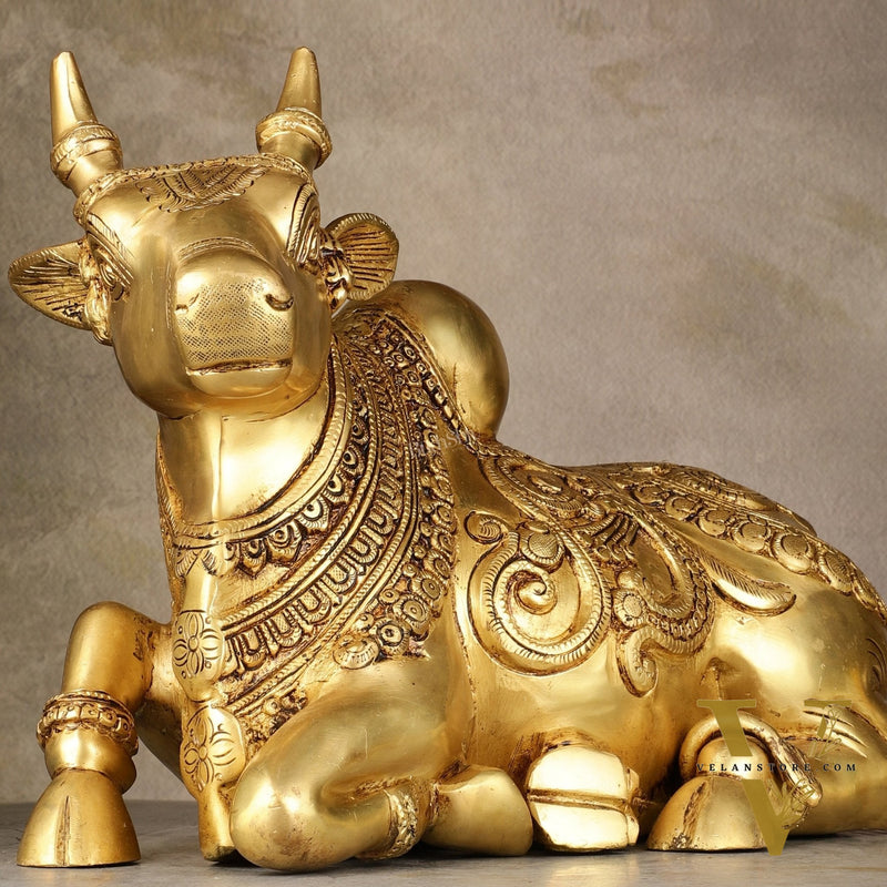 Superfine Brass Sitting Nandi Statue - 13" | Right Leg Raised