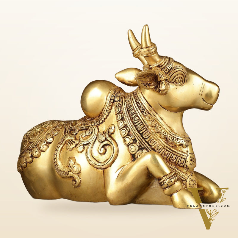 Superfine Brass Sitting Nandi Statue - 13" | Right Leg Raised