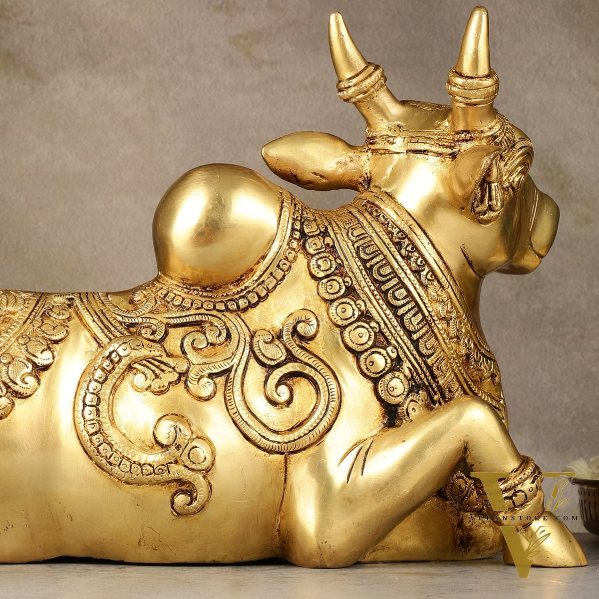 Superfine Brass Sitting Nandi Statue - 13" | Right Leg Raised