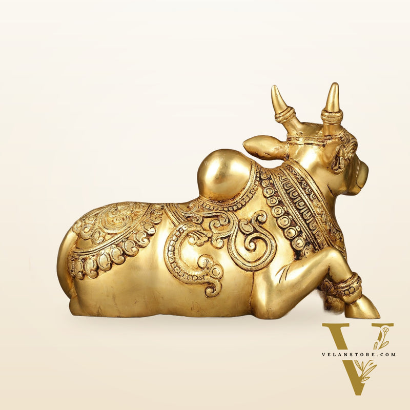 Superfine Brass Sitting Nandi Statue - 13" | Right Leg Raised
