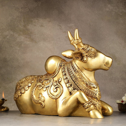 Superfine Brass Sitting Nandi Statue - 13" | Right Leg Raised