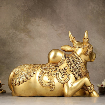 Superfine Brass Sitting Nandi Statue - 13" | Right Leg Raised