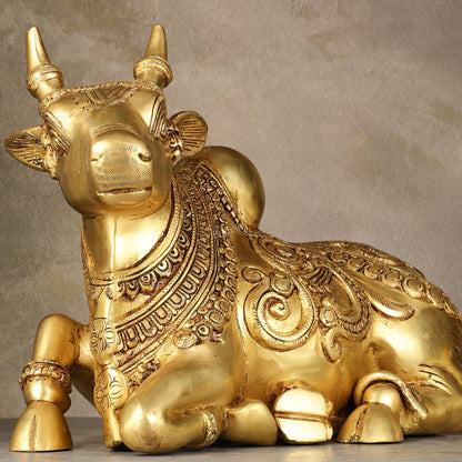Superfine Brass Sitting Nandi Statue - 13" | Right Leg Raised