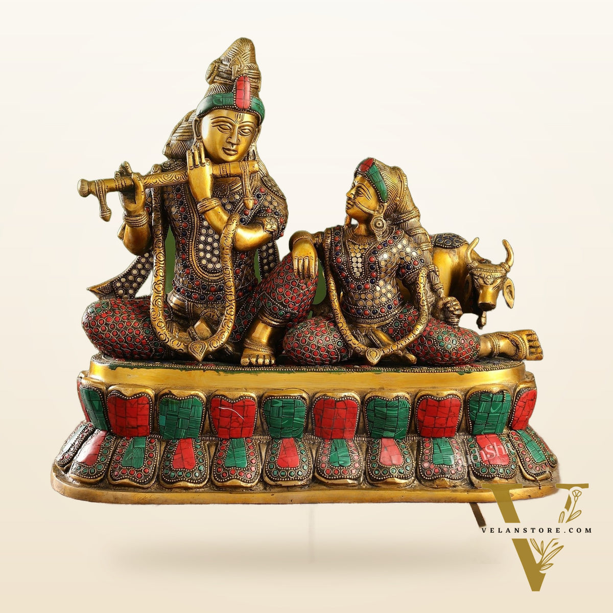 Superfine Brass sitting Radha Krishna with Cow 14 inch