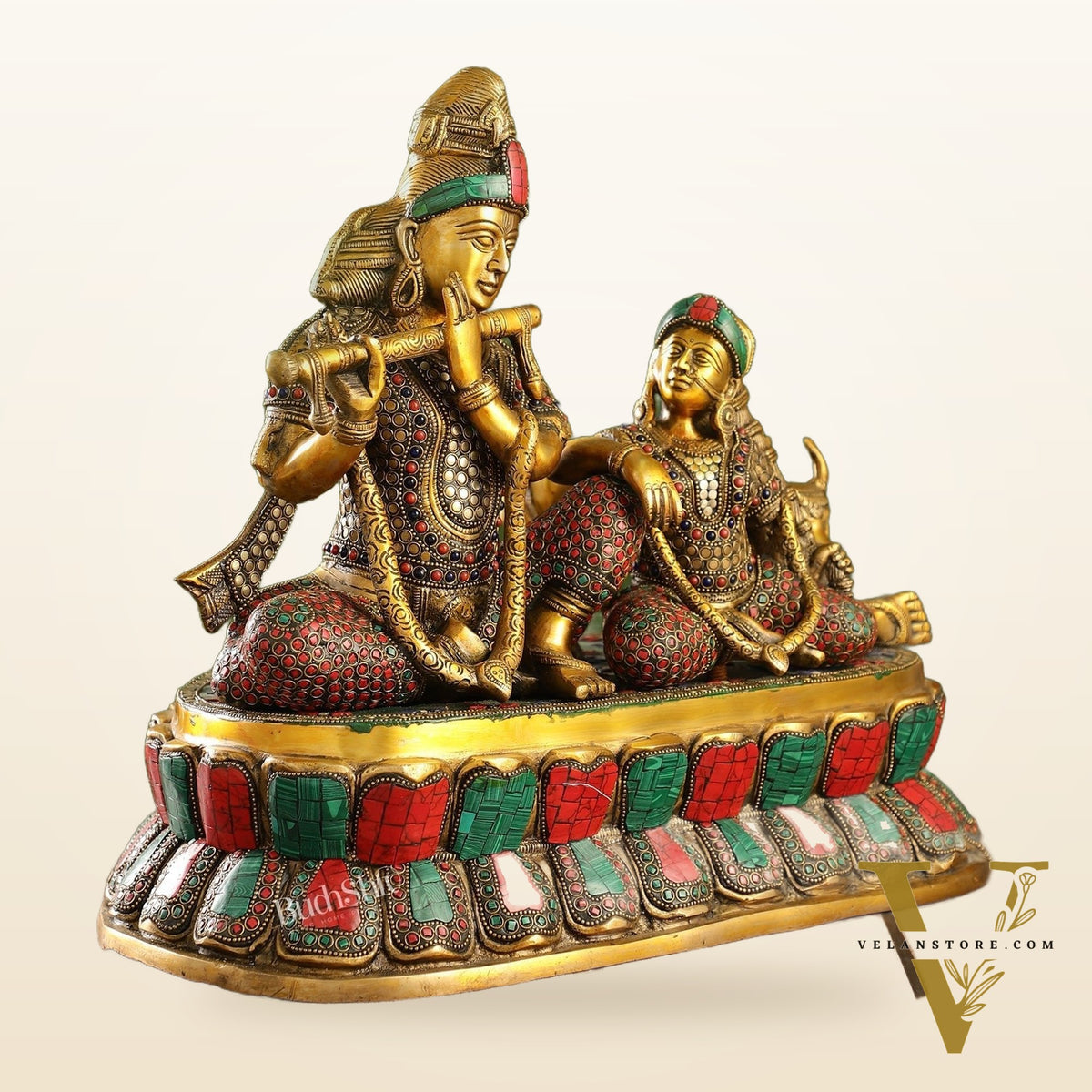 Superfine Brass sitting Radha Krishna with Cow 14 inch