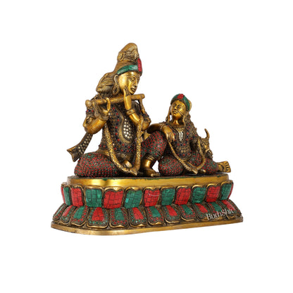 Superfine Brass sitting Radha Krishna with Cow 14 inch