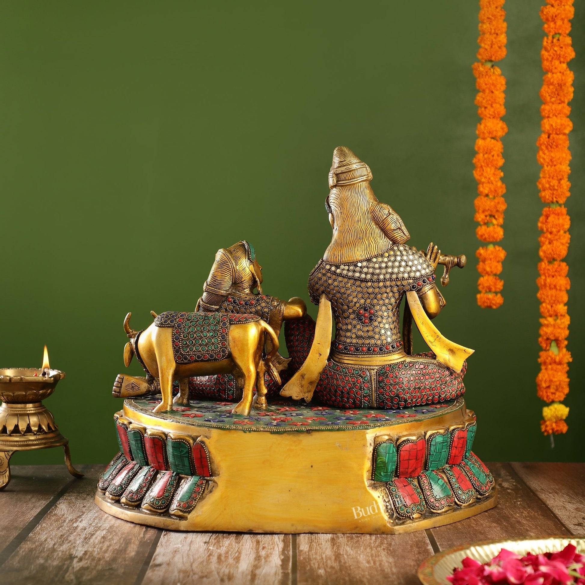 Superfine Brass sitting Radha Krishna with Cow 14 inch