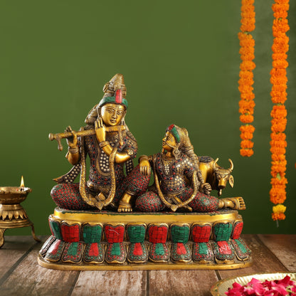 Superfine Brass sitting Radha Krishna with Cow 14 inch