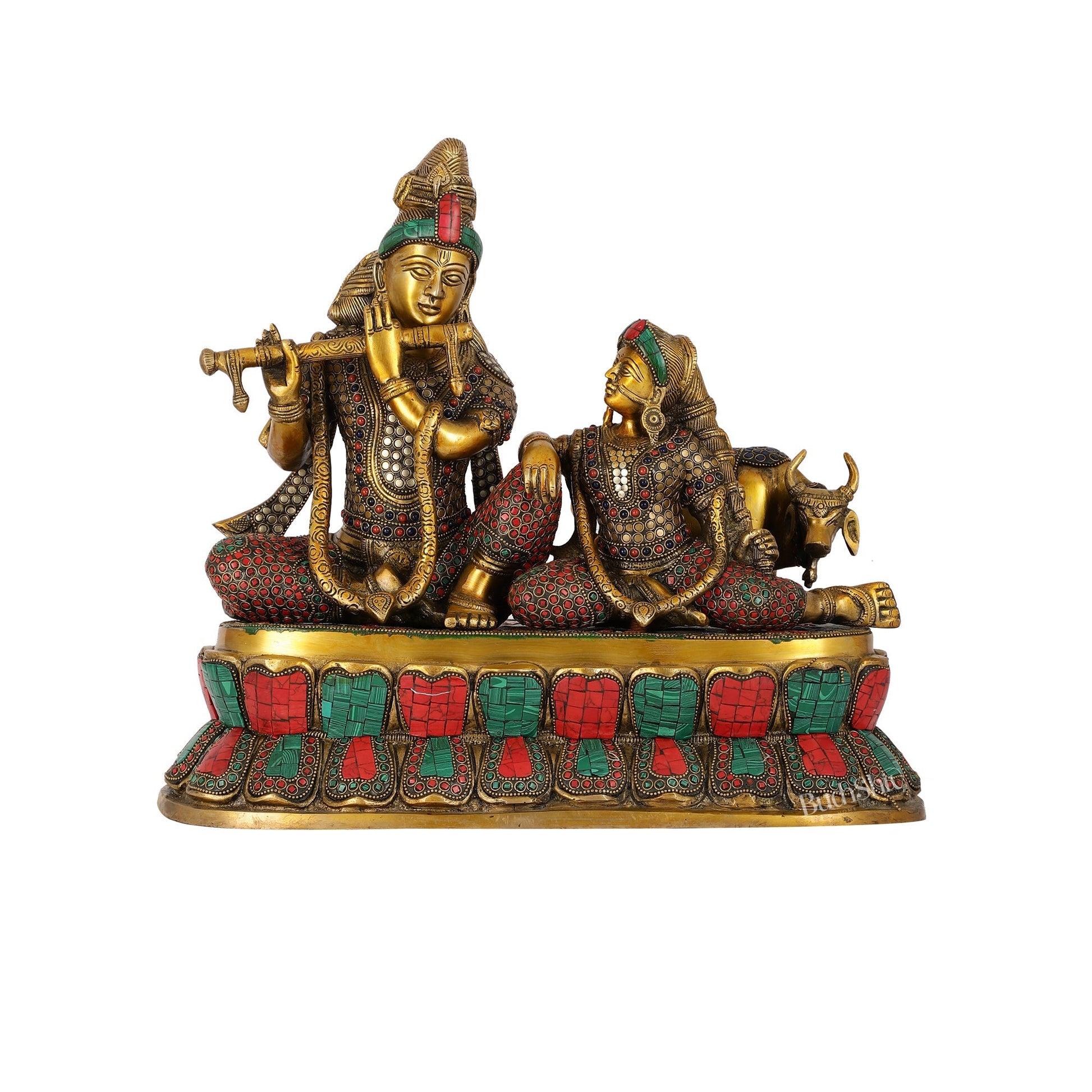 Superfine Brass sitting Radha Krishna with Cow 14 inch
