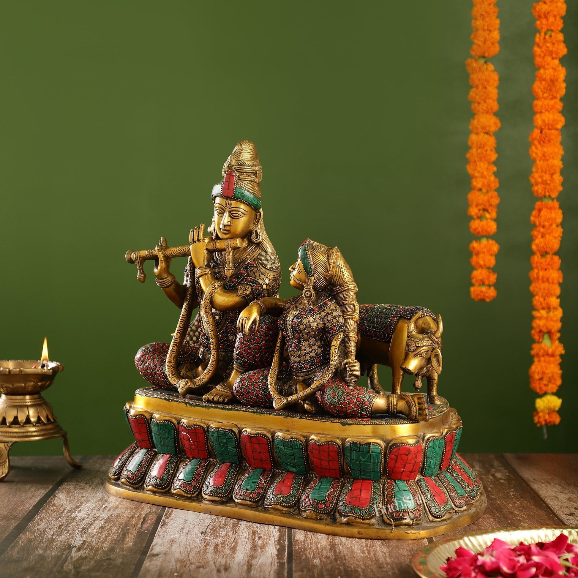 Superfine Brass sitting Radha Krishna with Cow 14 inch