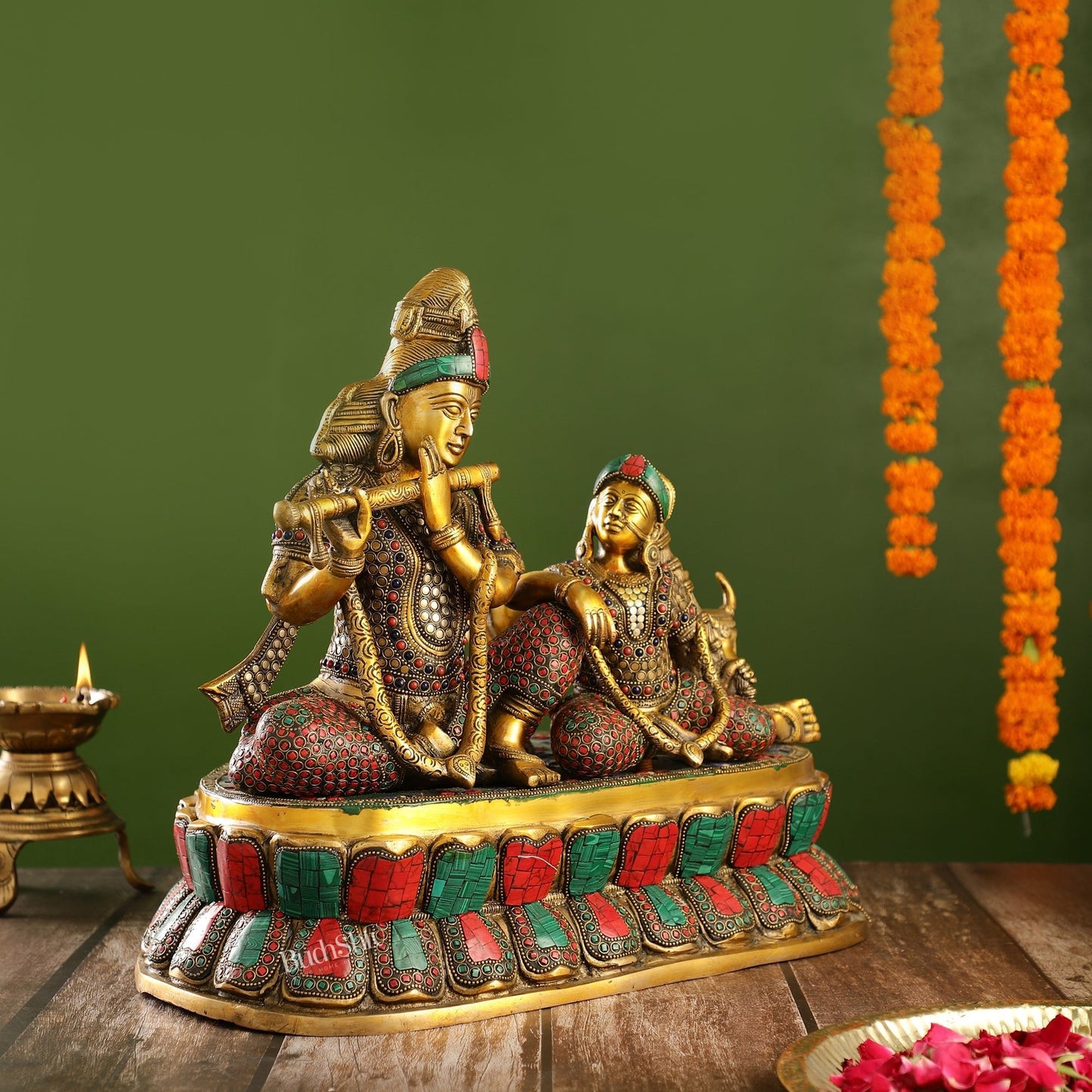 Superfine Brass sitting Radha Krishna with Cow 14 inch
