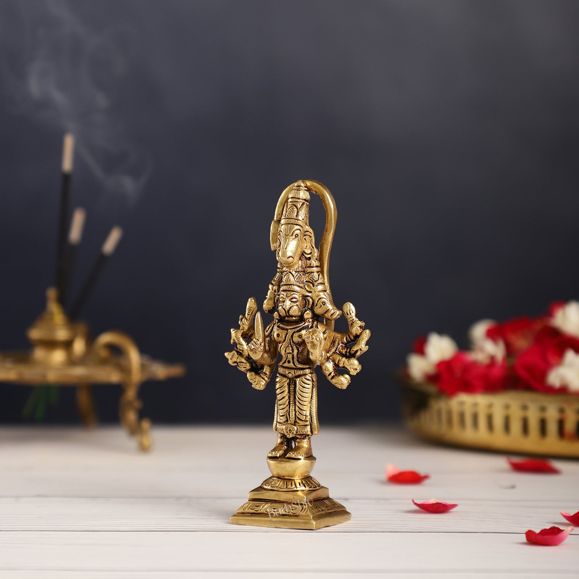 Superfine Brass Small Standing Panchmukhi Hanuman Idol | Height 4.5 inch