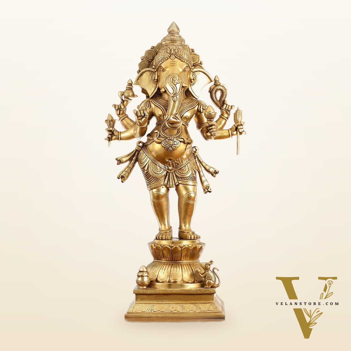 Superfine Brass Standing Ganesha Statue - 6 Arms, Shankh on Trunk - 26" Tall